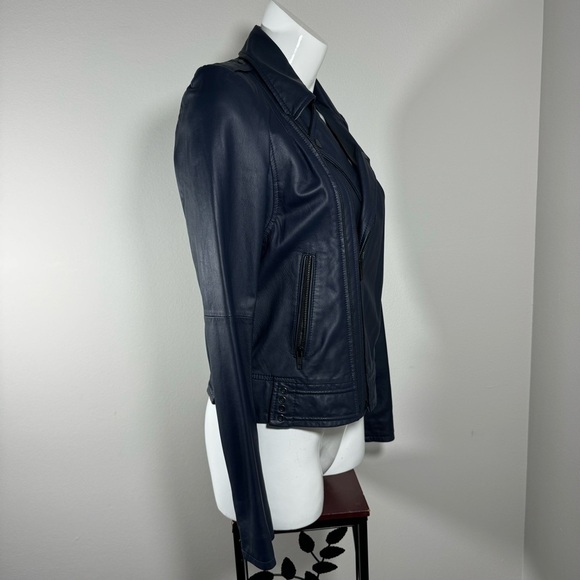 JOIE Caldine Moto Jacket Navy Blue Leather Zip Up Collared Women’s Size Medium - Picture 8 of 16